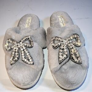 Jessica Simpson Silver Gray Faux Fur Rhinestone Bow Slippers Size M 7/8